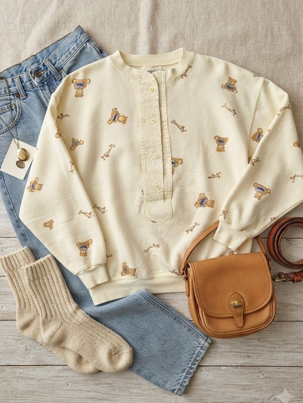 Vintage Energie Bi Currants Pastel Yellow Sweater With Teddy Bears And Croquet